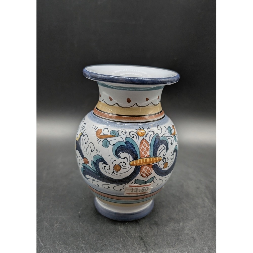 Assisi Italy Hand Painted Majolica Pottery Vase Blue Yellow Floral Deruta Style